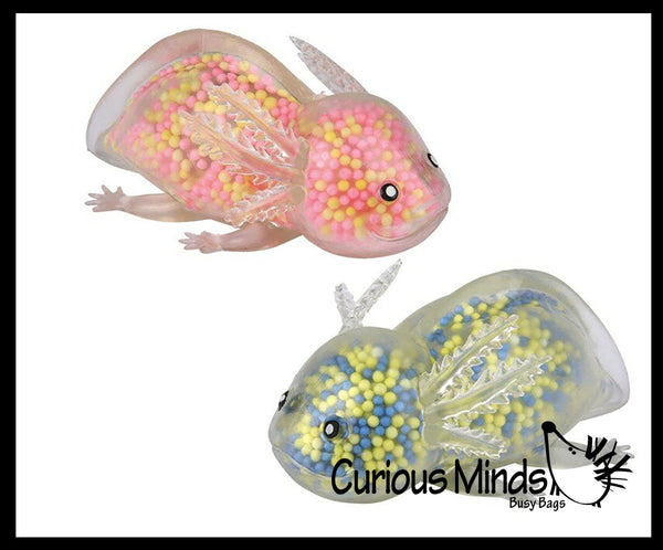 2 Different Axolotl Stress Balls - Water Gel Bead and Light Up Air Fil