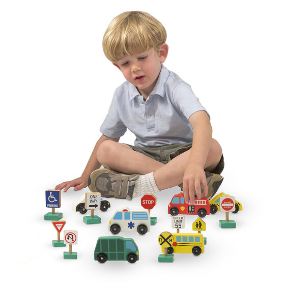 Wooden Cars and Traffic Signs - Creative Toy Vehicle Set - Classic Toddler  Wood Toy