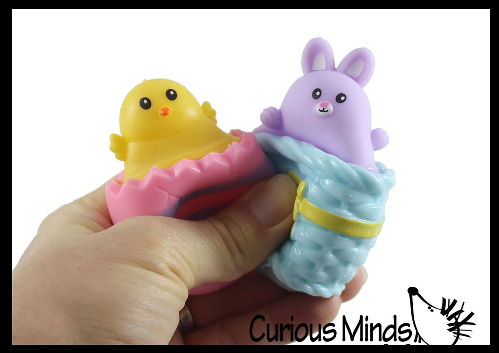 2 Different Pop Up Fidgets - Bunny in Basket and Chick in an Egg Adorable - Easter Peek a Boo Fidget - Cute Squeeze Toy - Fun Unique OT Hand Strength