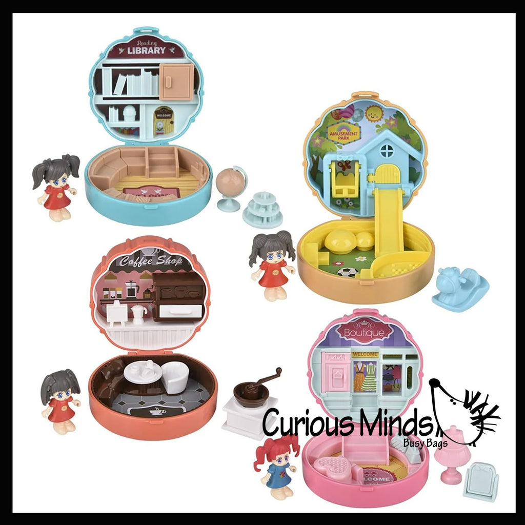 Pocket Size Mini Doll Playset - Folding Compact Doll House with Tiny Doll and Accessories - Travel Toy