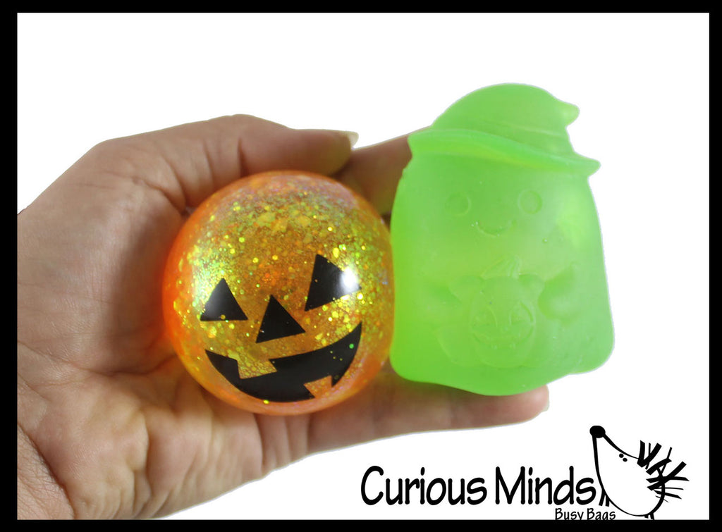 Halloween Sugar Balls - Ghost and Jack o Lantern Pumpkin - Thick Glue/Gel Stretch Ball - Molasses Syrup Ultra Squishy and Moldable Slow Rise Relaxing Sensory Fidget Stress Toy